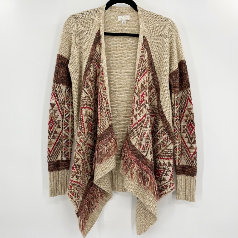 Lucky Brand Southwest Bohemian Fringe Open Front Cardigan Sweater Size Small